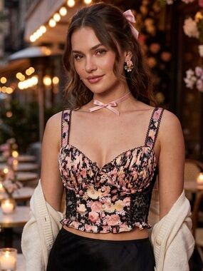For Love & Lemons Floral Lace Bustier Crop Top Black Pink Floral Festival